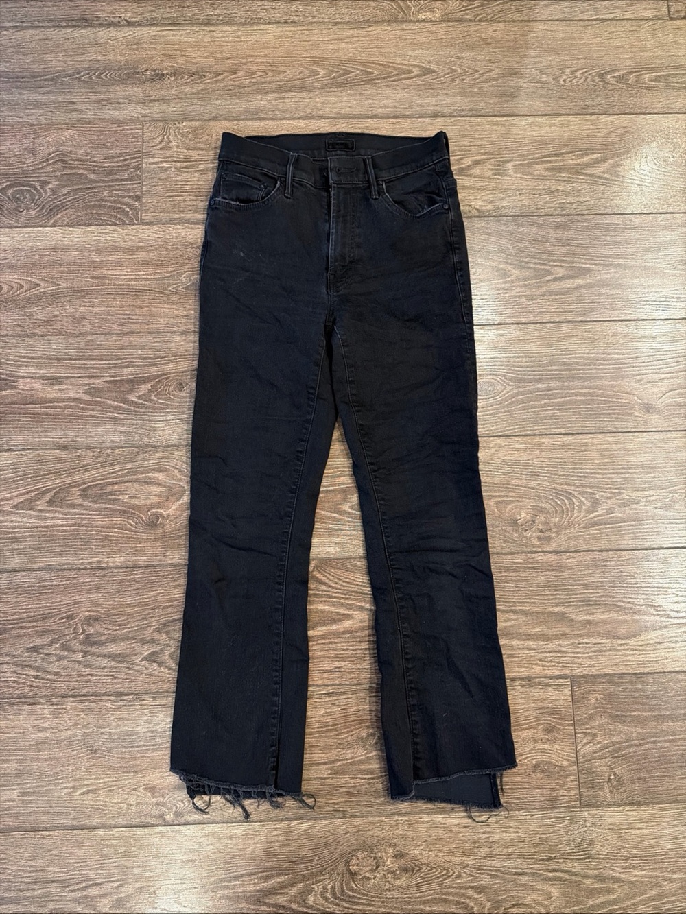 MOTHER Black Straight-Leg Jeans with Raw Hem